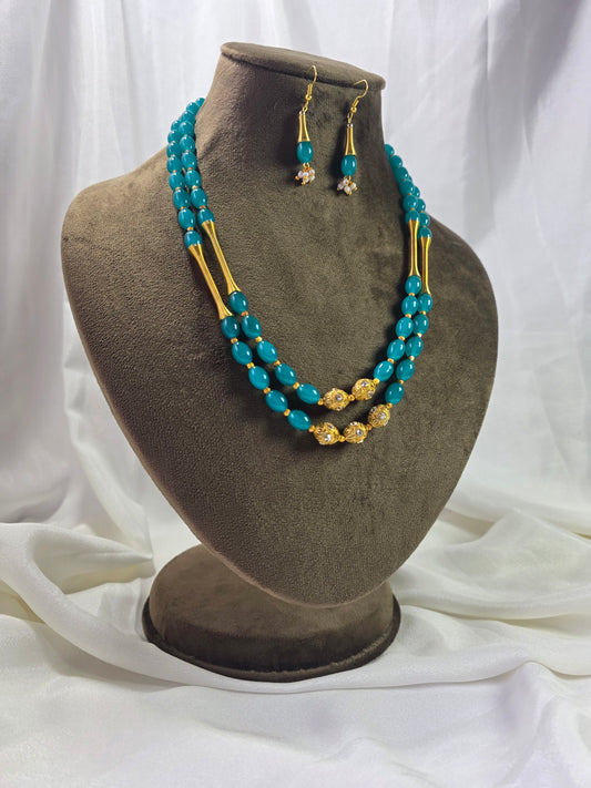Dark Turquoise Dual-layer Golden Beads Mala