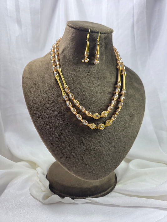 Cream Dual-layer Golden Beads Mala