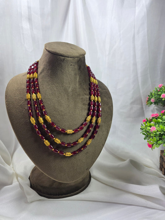 Maroon Triple-layer Pearl Mala With Golden Beads