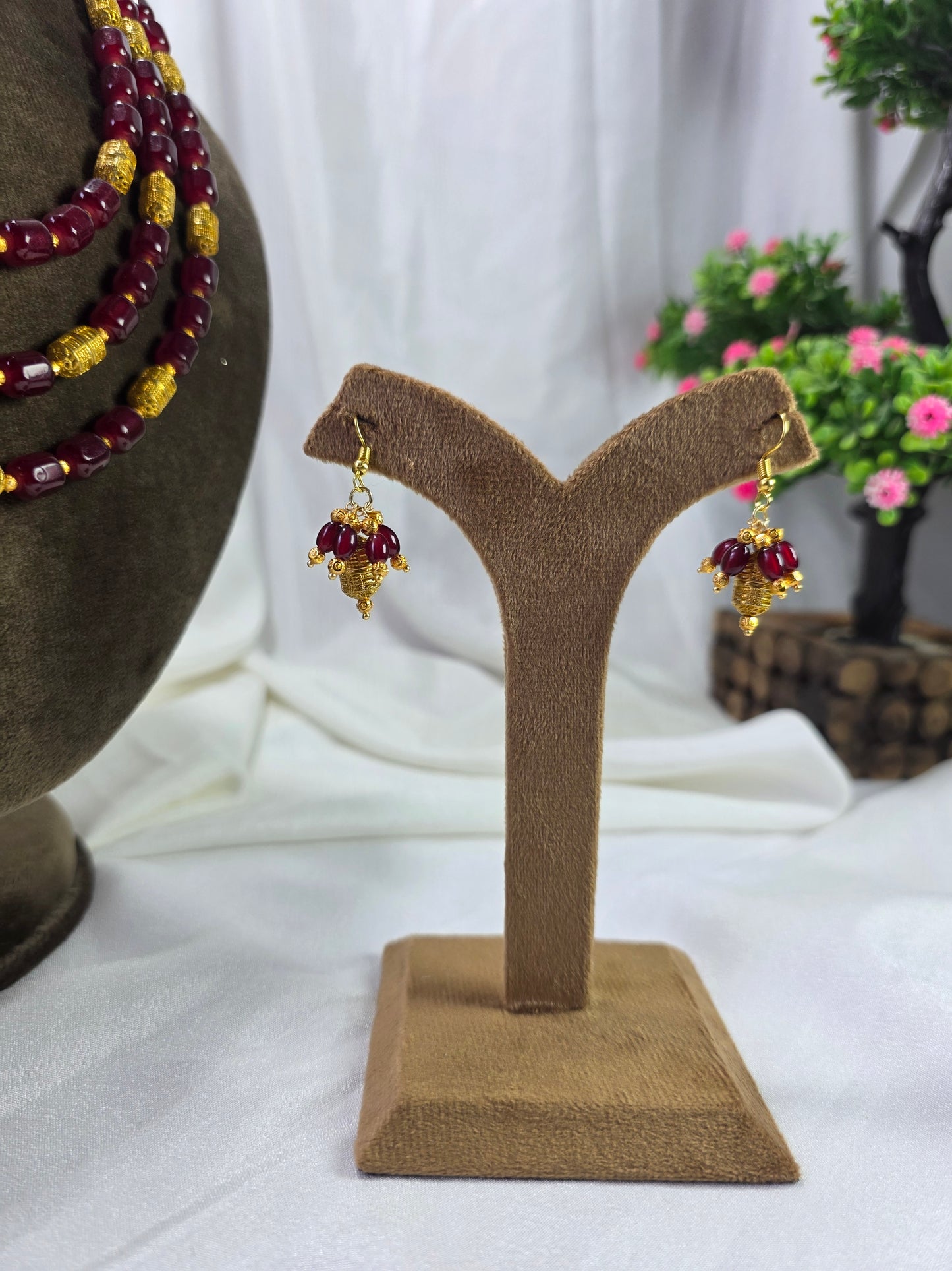 Maroon Triple-layer Pearl Mala With Golden Beads