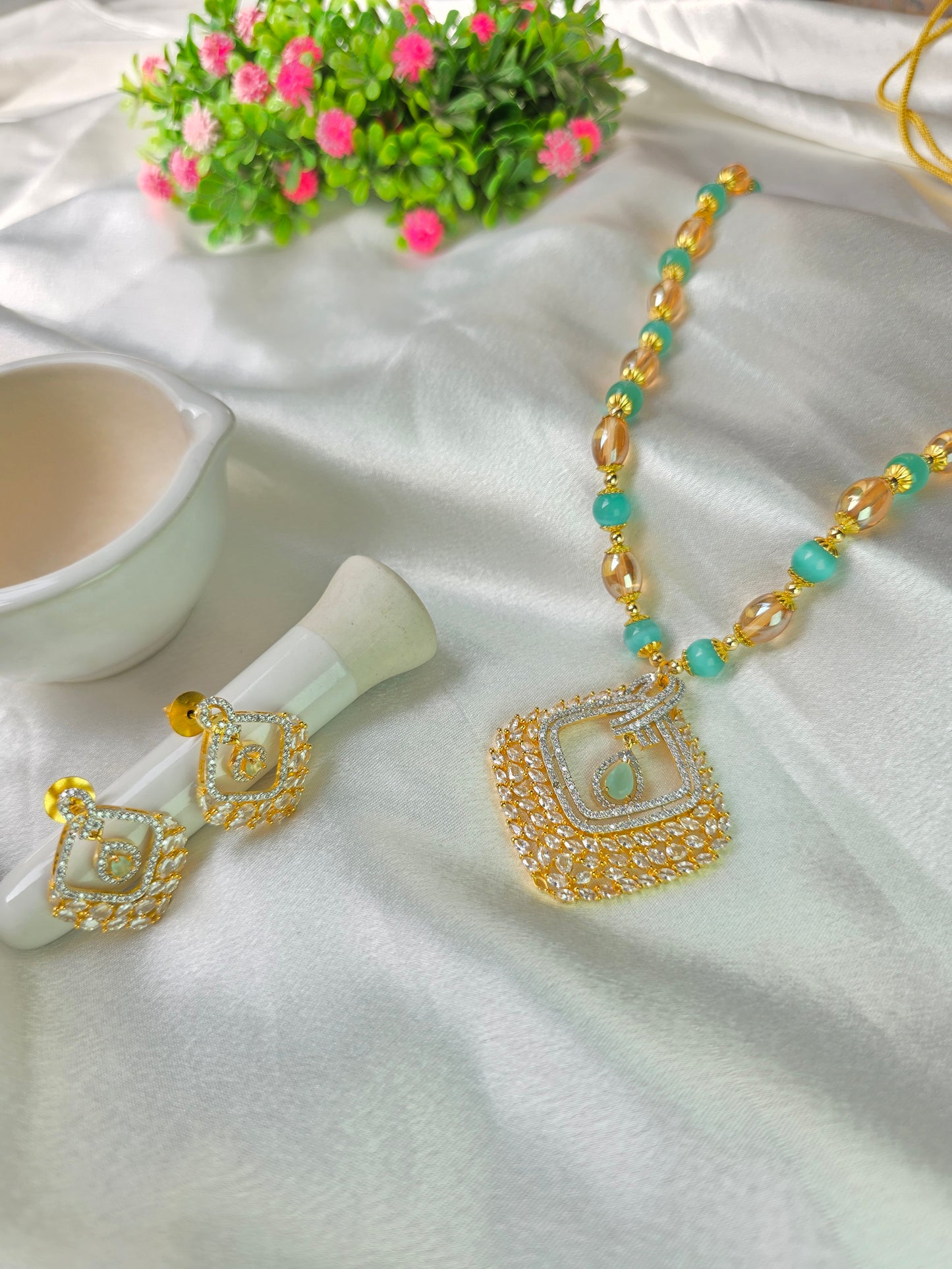 Pastel Green With Golden Beads AD Necklace