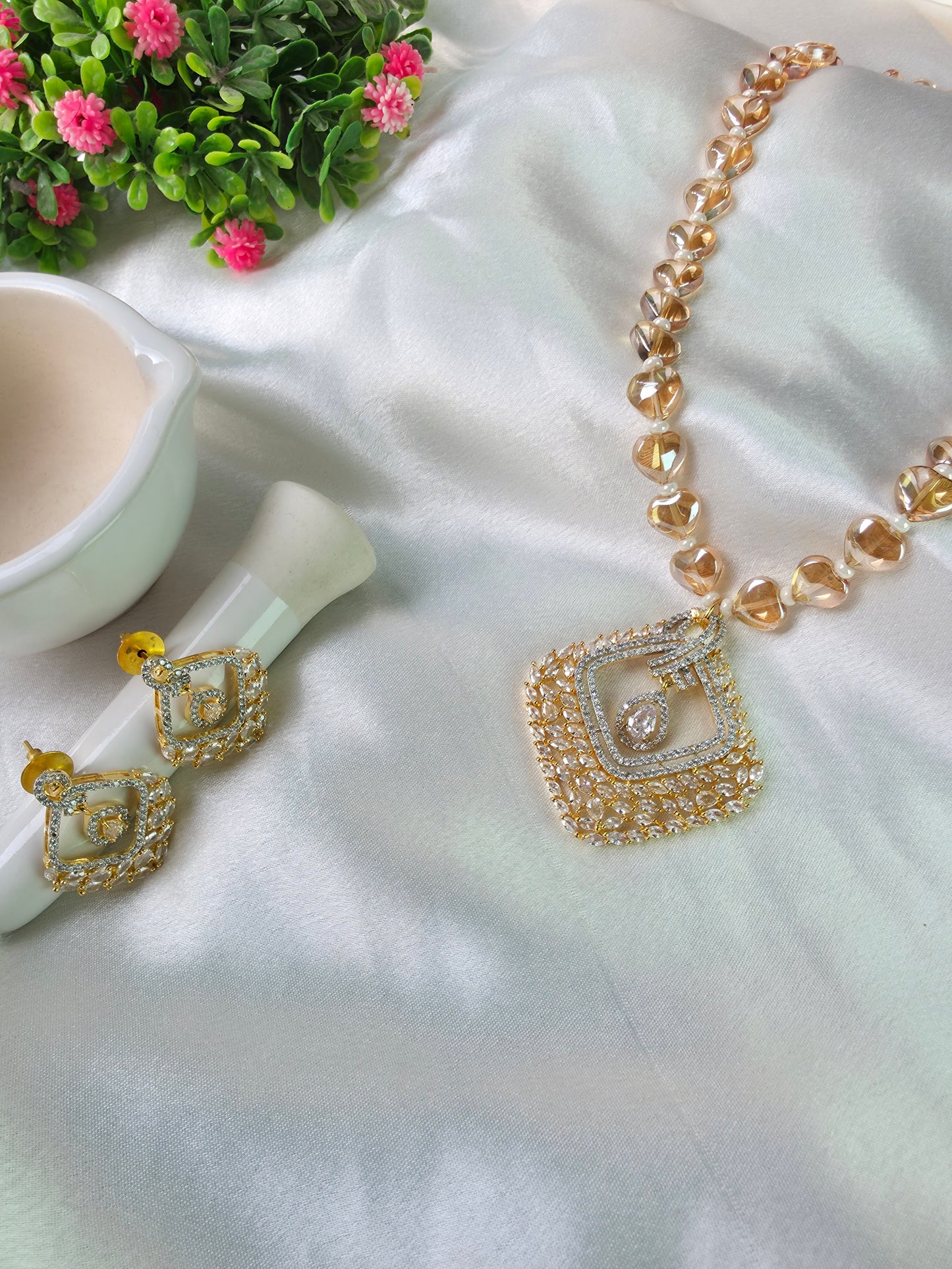 Cream With White Beads AD Necklace