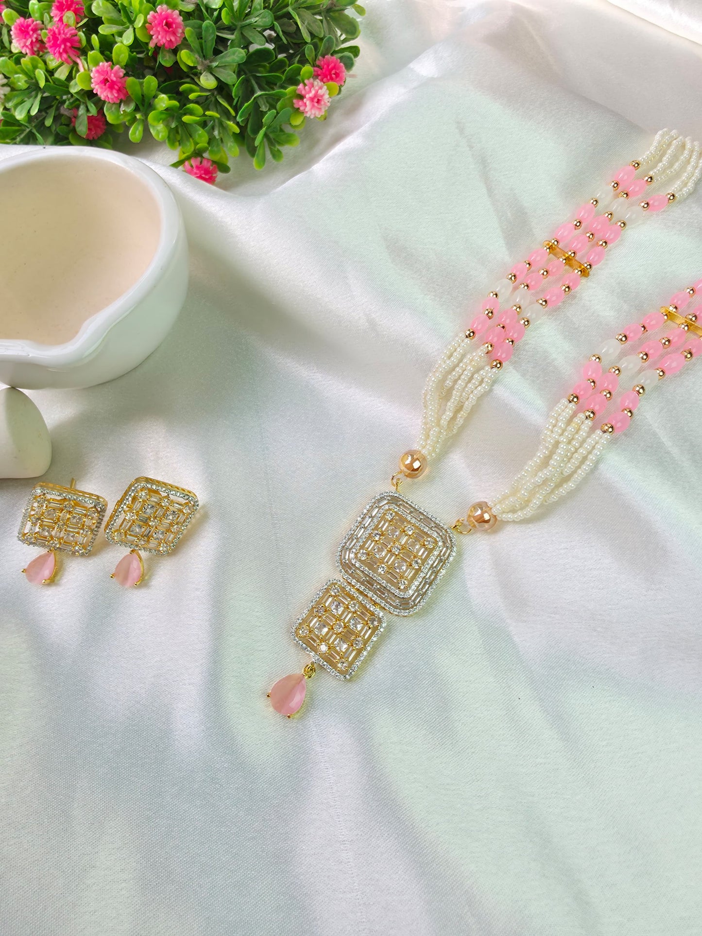 Pink With White Small Oval Beads American Diamond Jewellery
