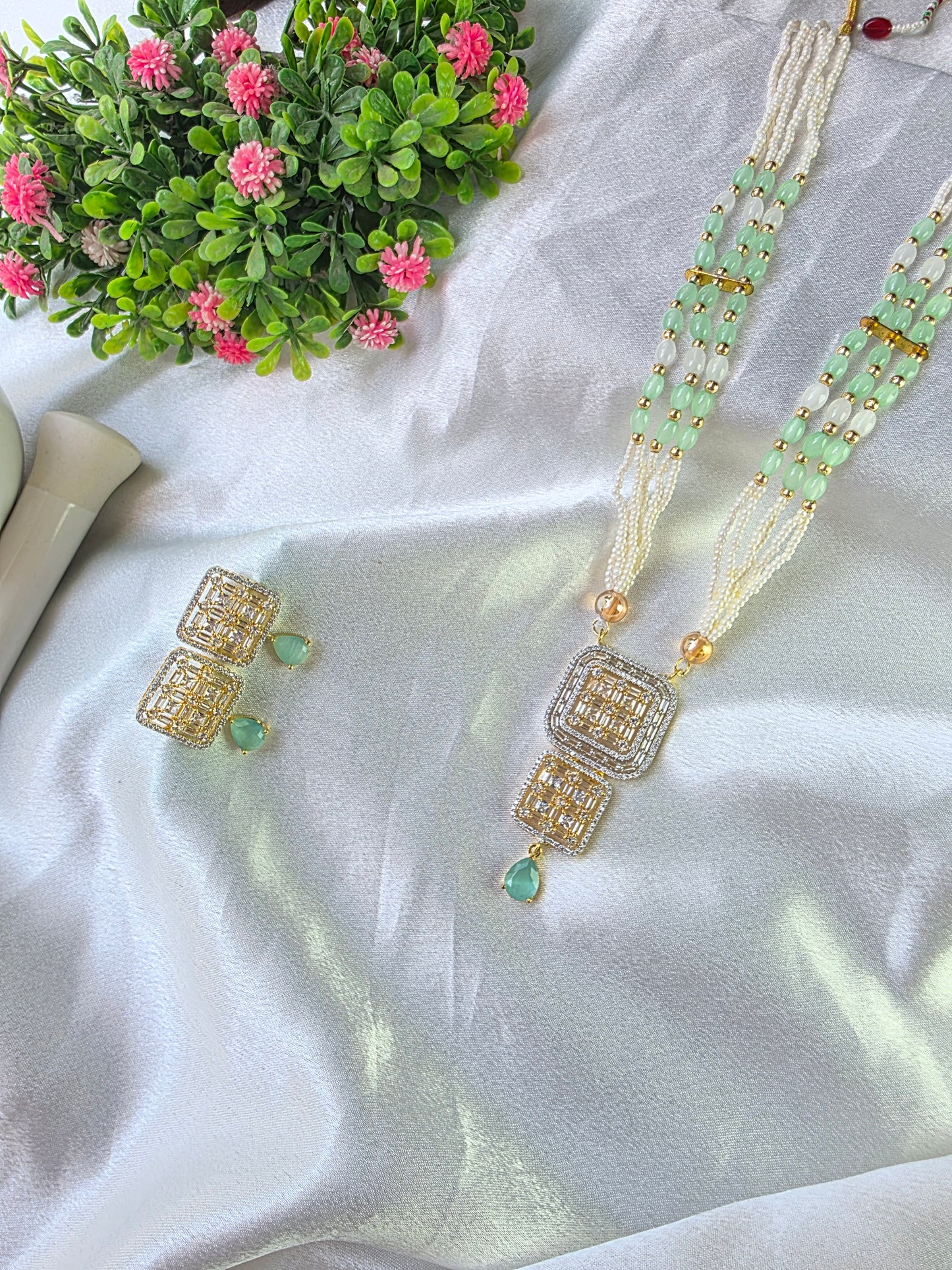 Green With White Small Oval Beads American Diamond Jewellery