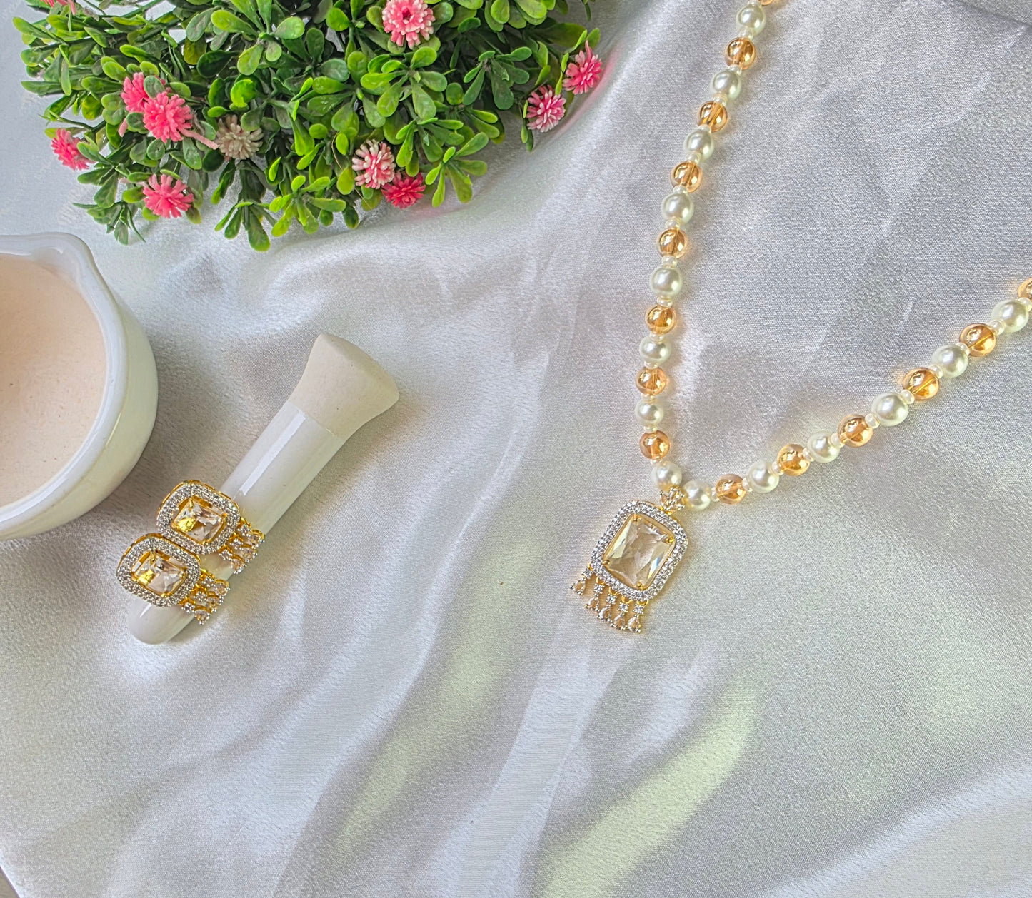 Cream With White Pearl American Diamond Jewellery