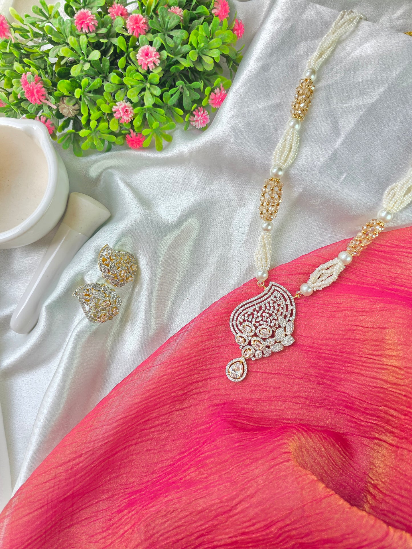 Cream And Small White Beads AD Necklace