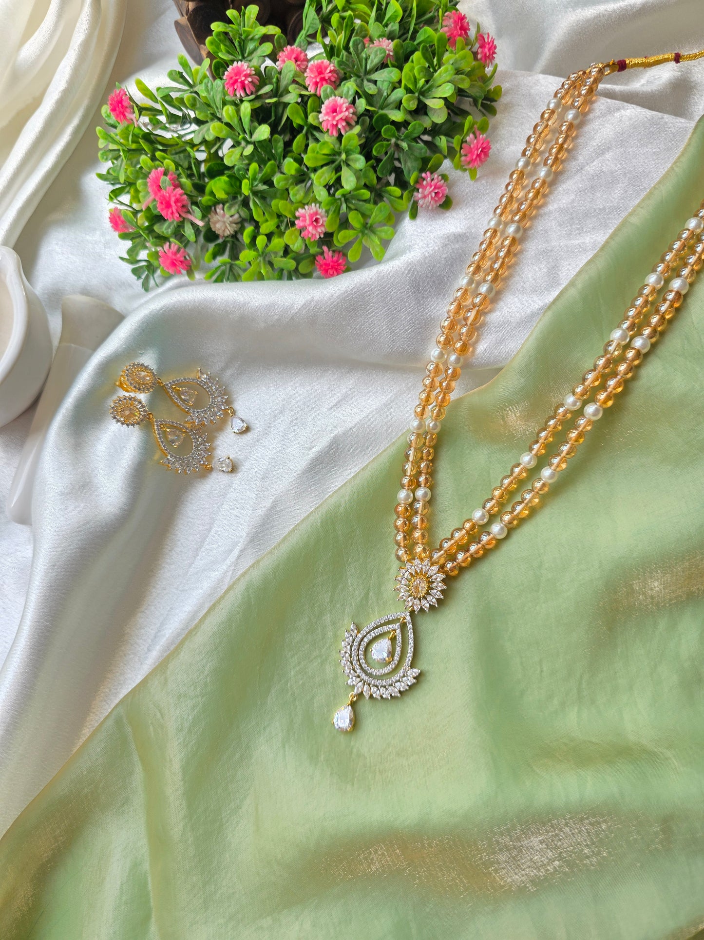Cream And White Pearl AD Necklace