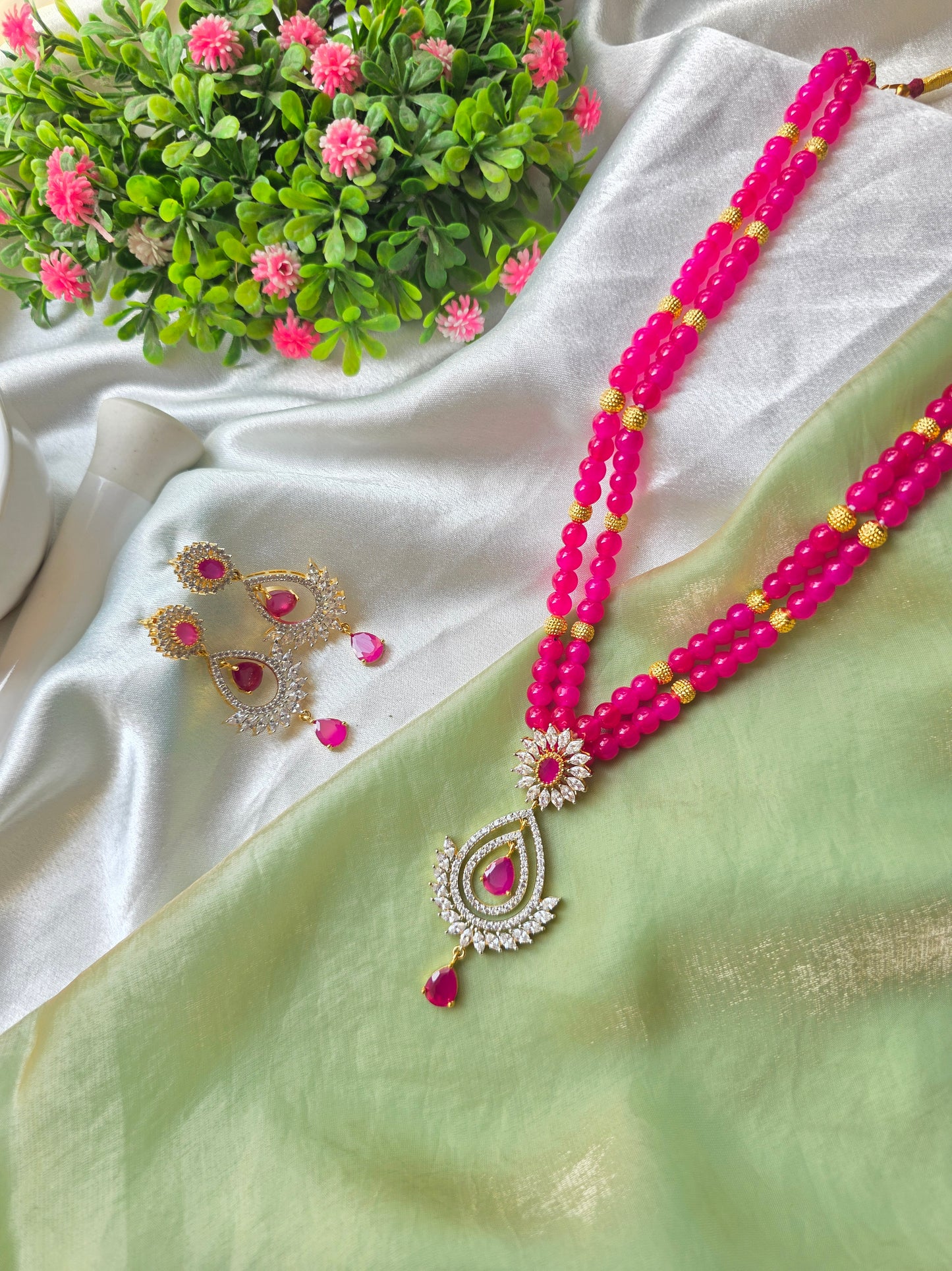 Pink With Golden Beads AD Necklace