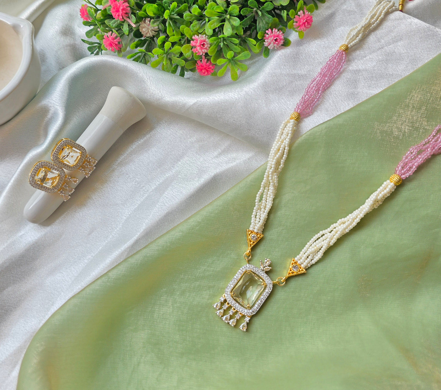 Pink With White Small Beads AD Necklace