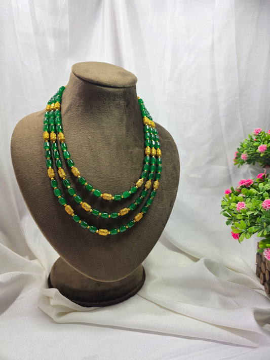 Forest Green Triple-layer Pearl Mala With Golden Beads