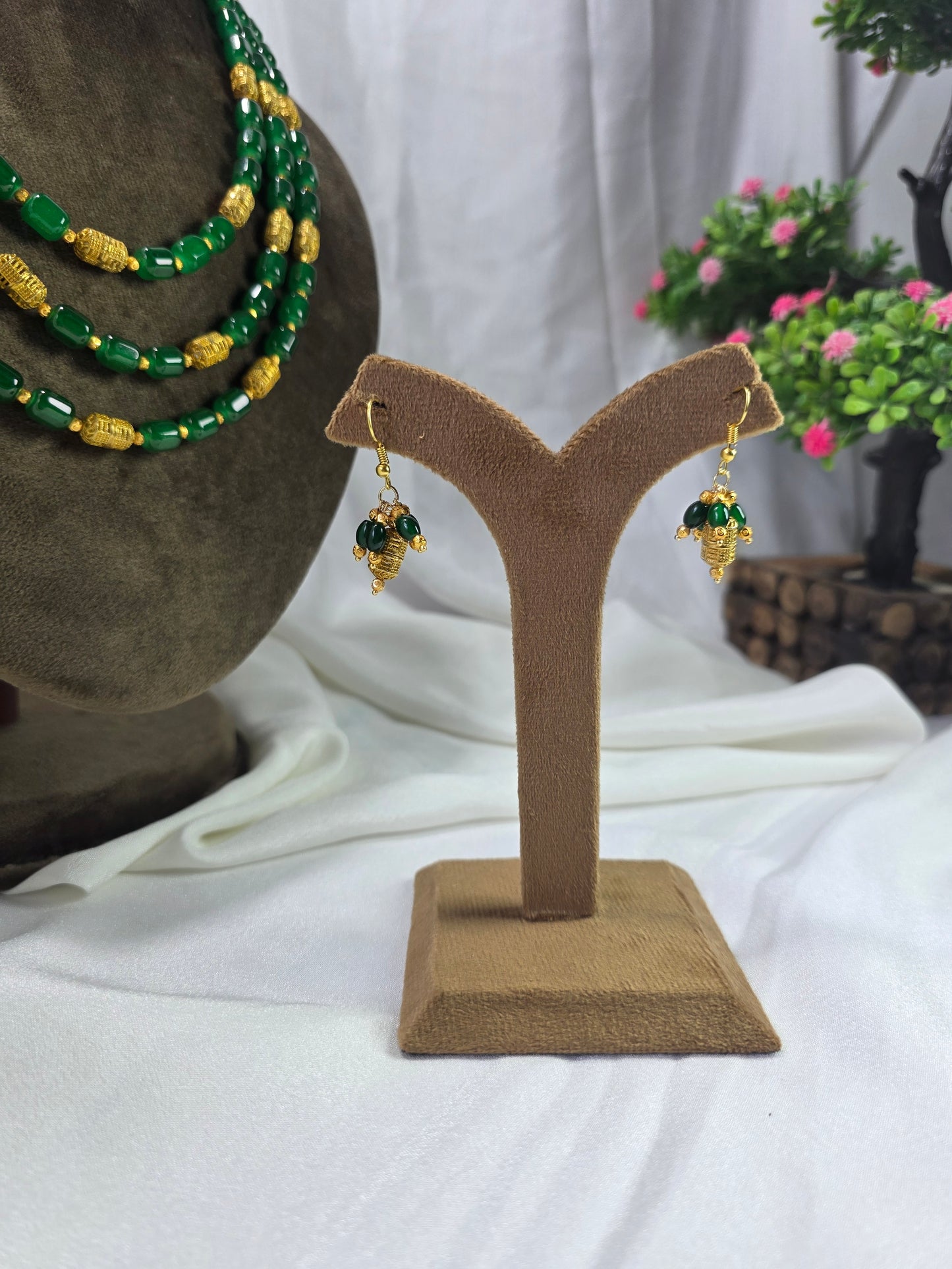 Forest Green Triple-layer Pearl Mala With Golden Beads