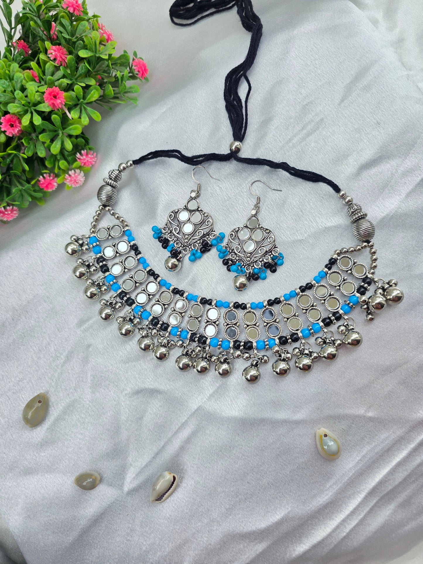 Blue and Black Pearl Oxidised Choker Set