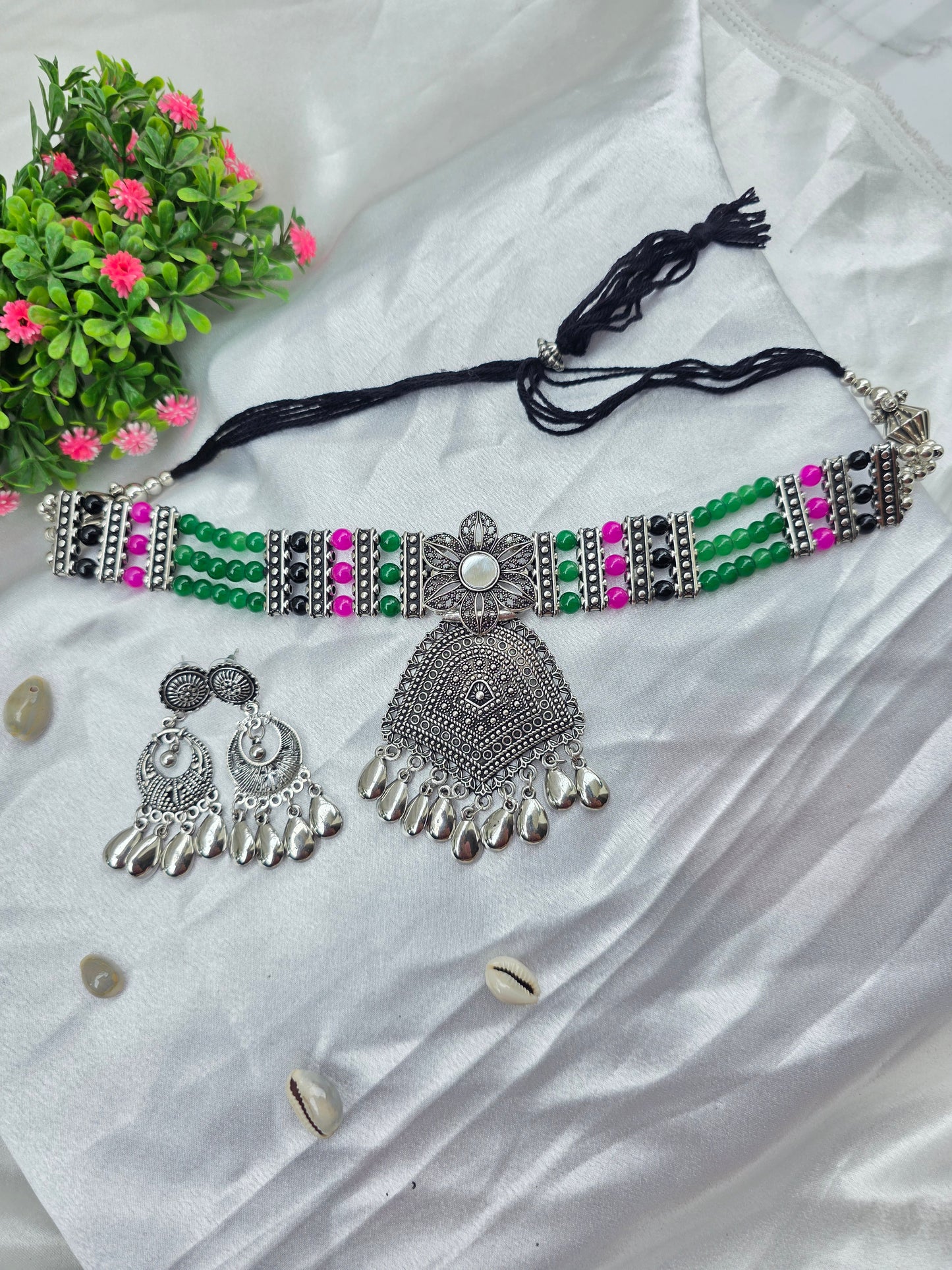 Green, Pink & Black Beads Oxidised Choker Set