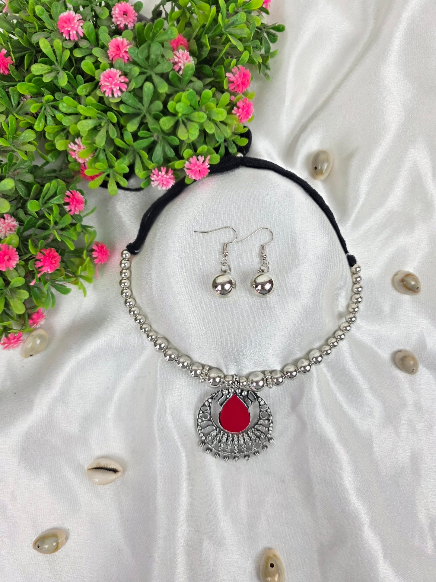 Ruby Drop Oxidised Choker Set