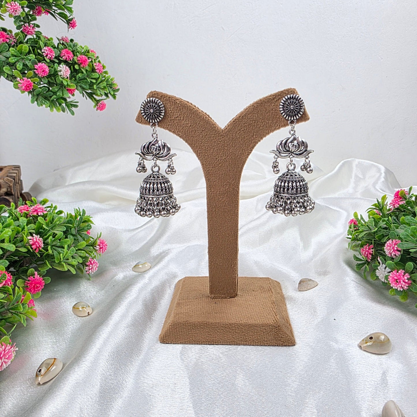 Lotus Shape Oxidised Earrings