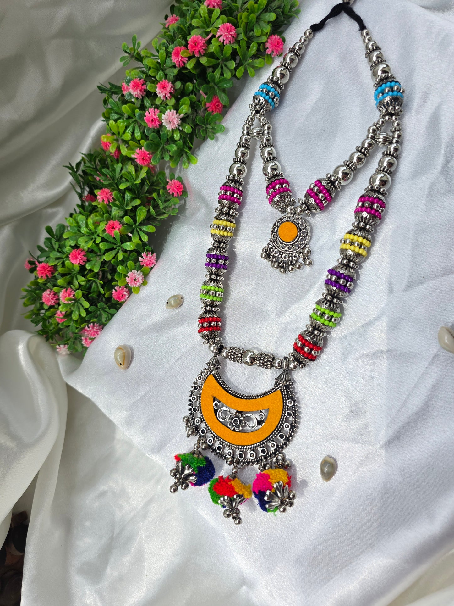 Yellow Navrang Tassel Oxidised Necklace