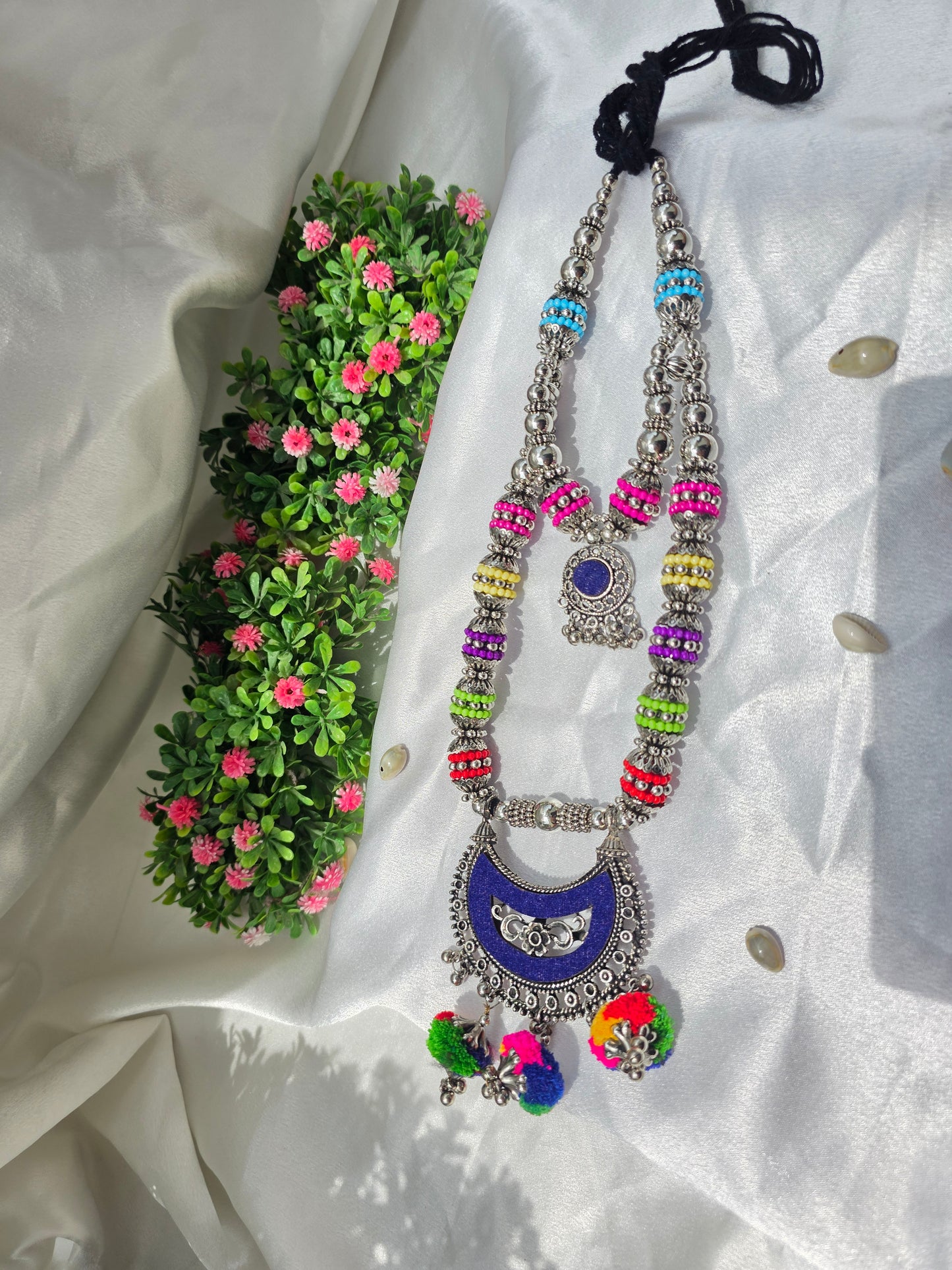 Blue Navrang Tassel Oxidised Necklace