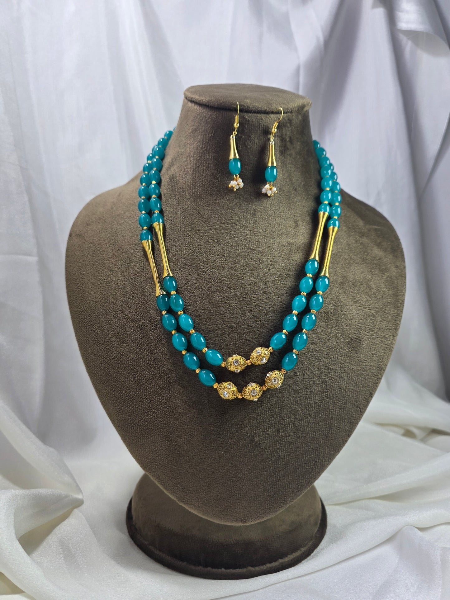 Dark Turquoise Dual-layer Golden Beads Mala