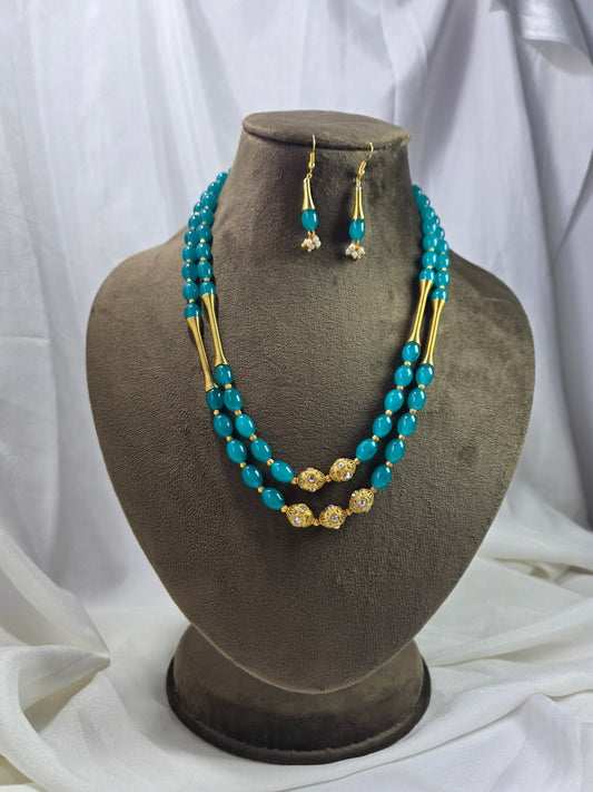 Dark Turquoise Dual-layer Golden Beads Mala