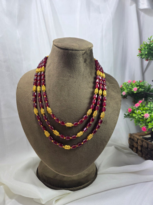Maroon Triple-layer Pearl Mala With Golden Beads