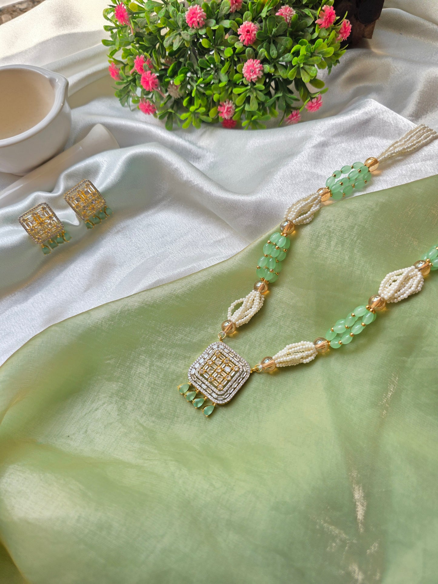 Light Green With Small Beads AD Necklace