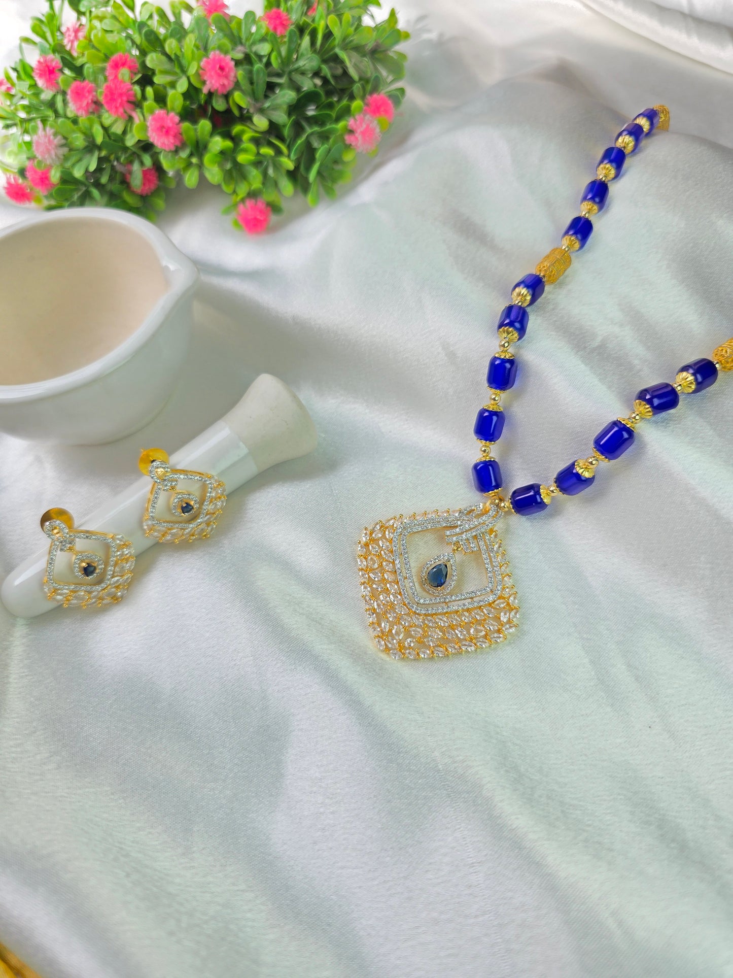 Blue With Golden Beads AD Necklace