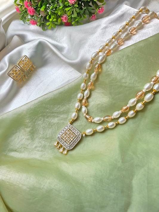 Cream And White Oval Pearl AD Necklace