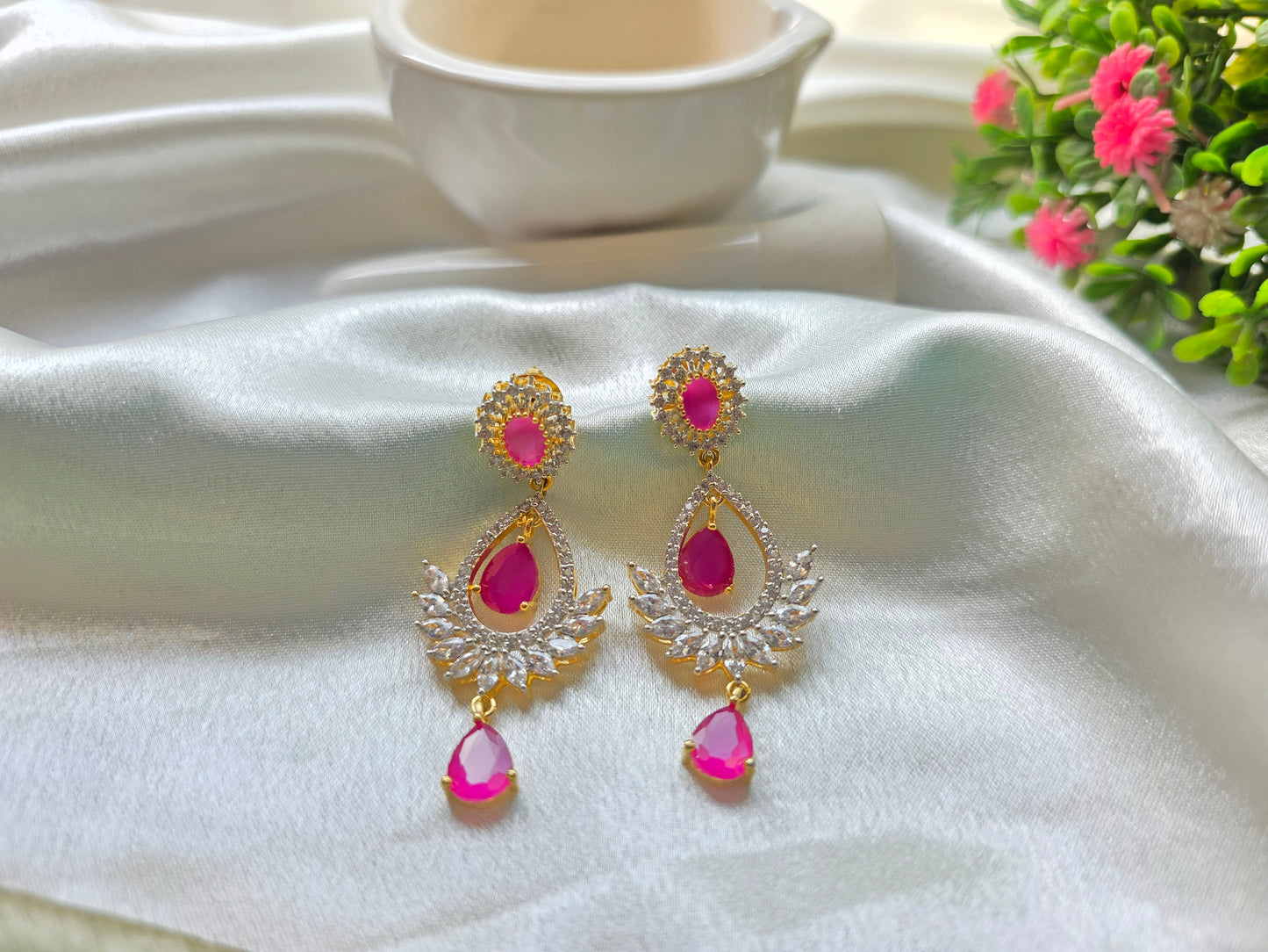 Pink And White Oval Pearl American Diamond Set