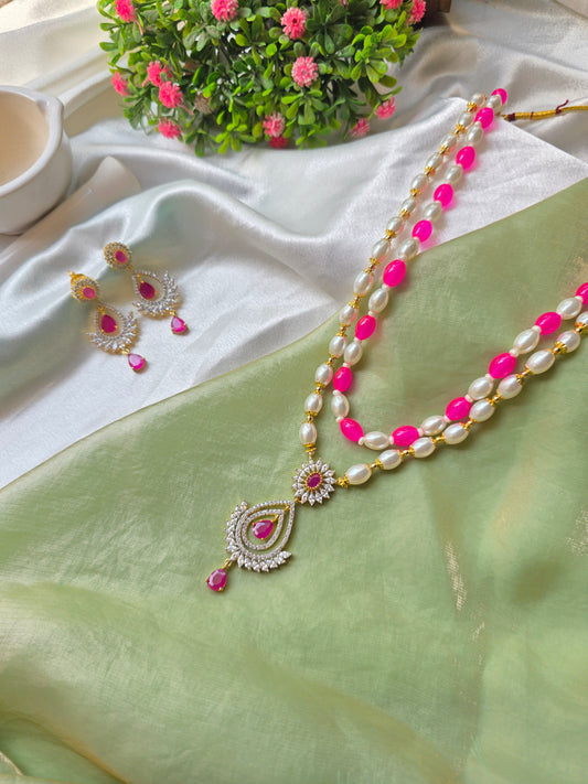 Pink And White Oval Pearl American Diamond Set