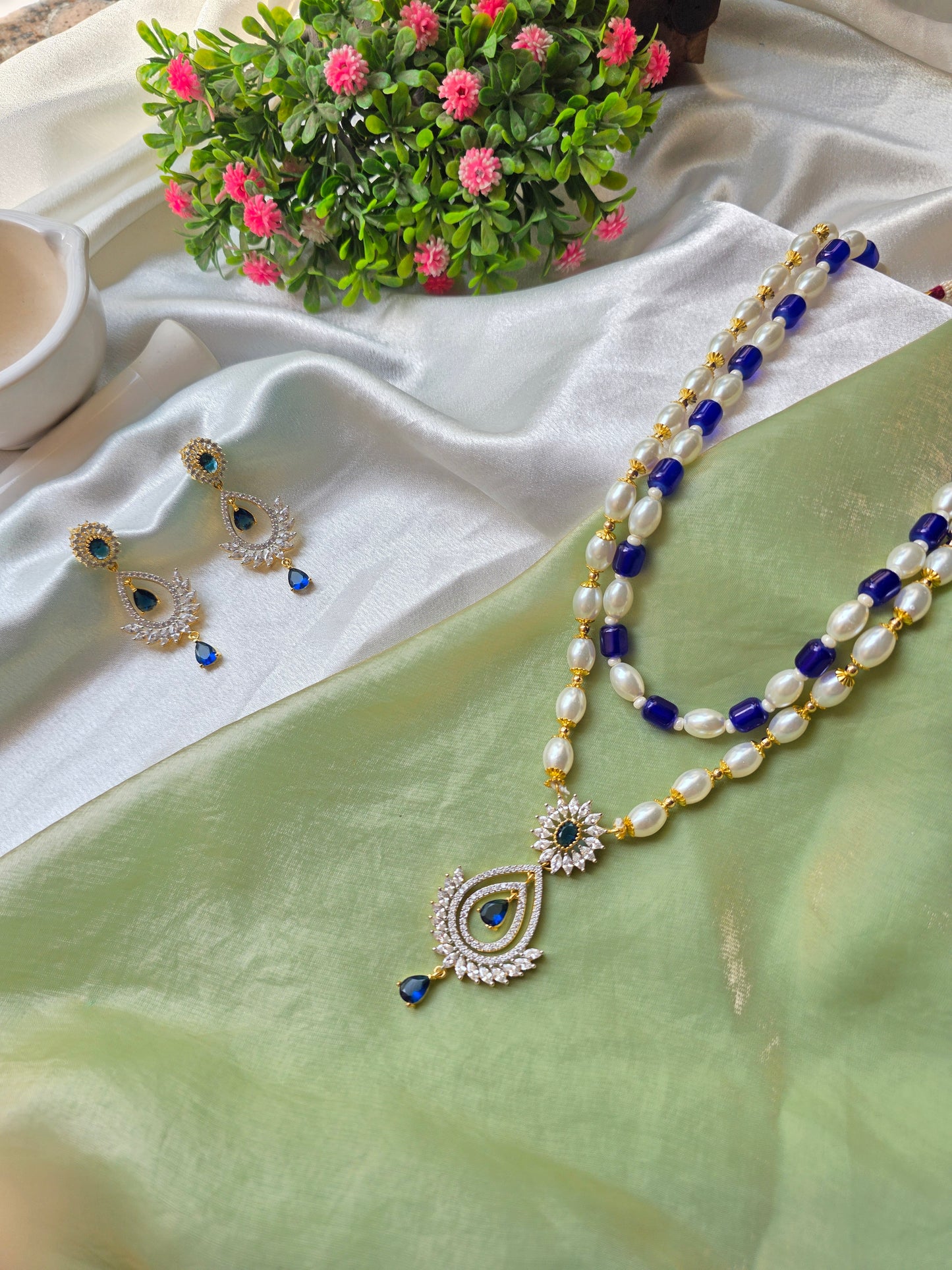 Blue And White Oval Pearl AD Set
