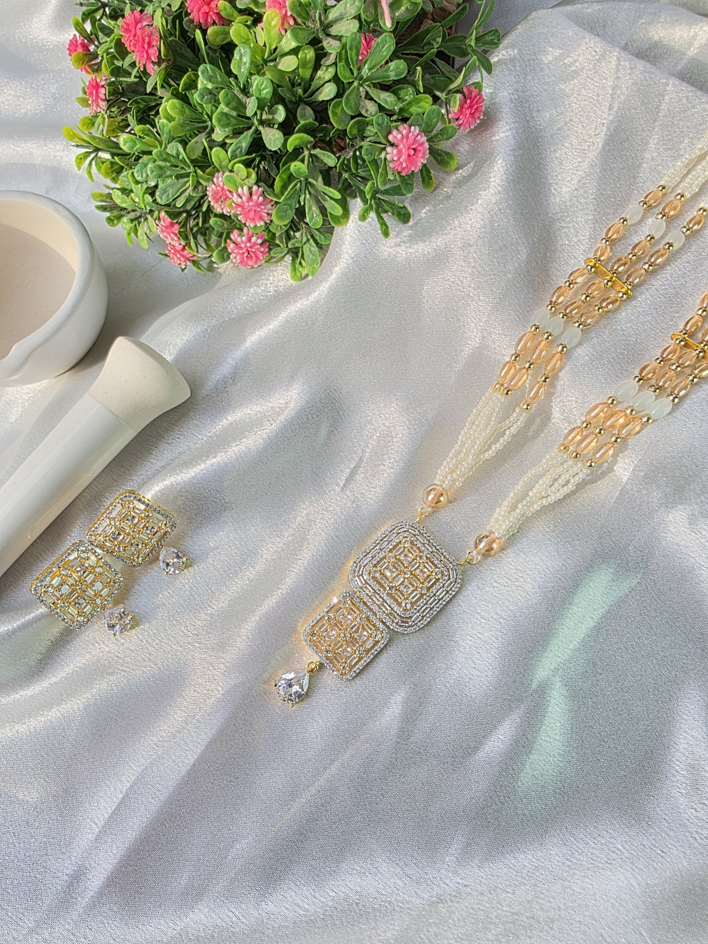 Cream With White Small Oval Beads American Diamond Jewellery