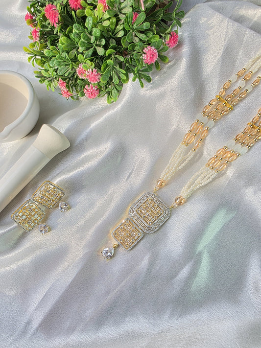 Cream With White Small Oval Beads American Diamond Jewellery