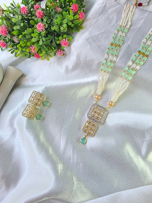 Green With White Small Oval Beads American Diamond Jewellery