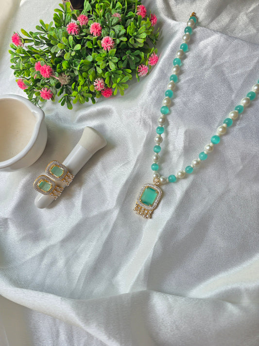 Turquoise Green With White Pearl American Diamond Jewellery
