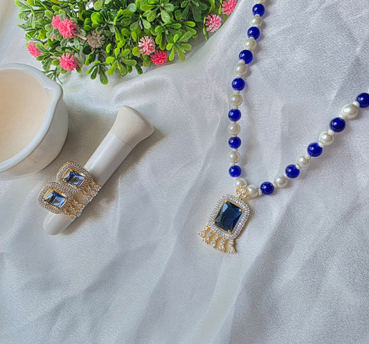 Royal Blue With White Pearl American Diamond Jewellery