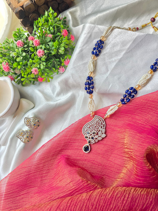 Royal Blue And Small White Beads AD Necklace