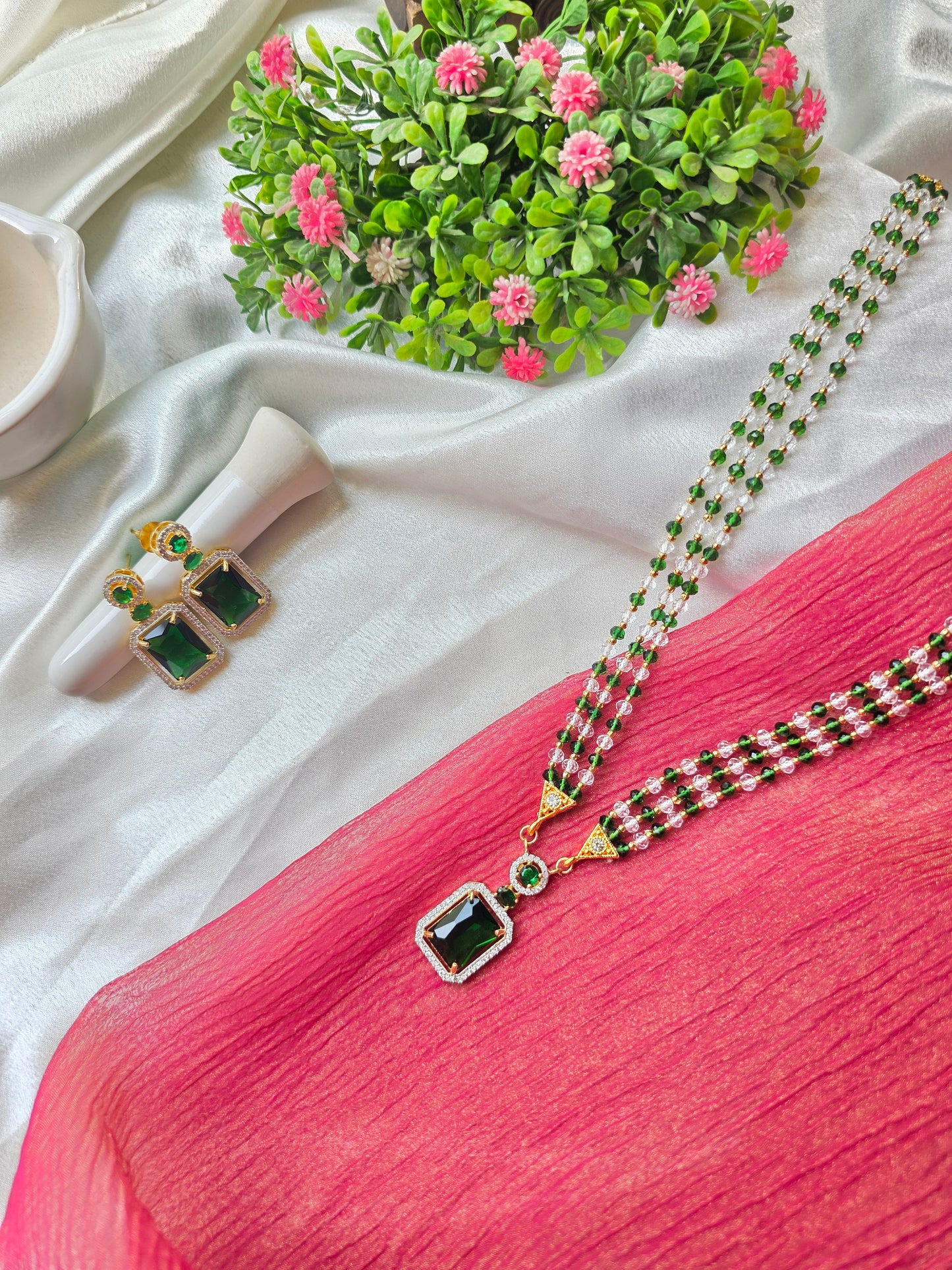 Dark Green With White Small Beads AD Necklace