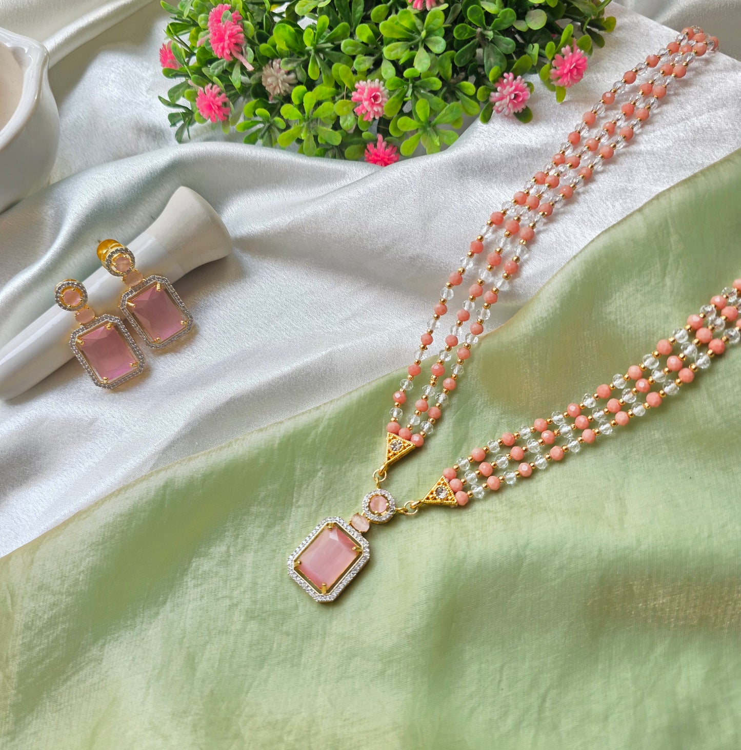 Coral Pink With White Small Beads AD Necklace