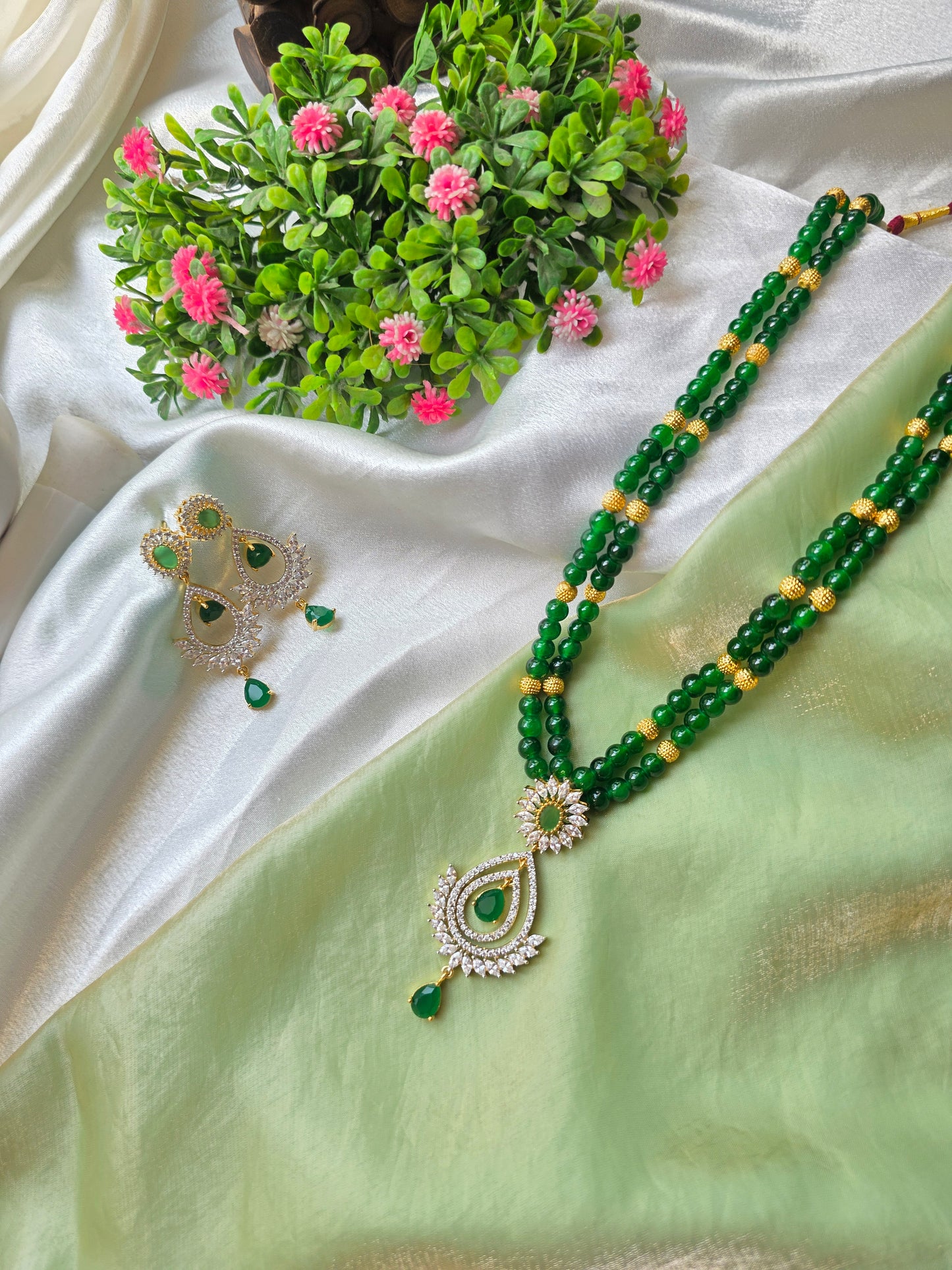 Green With Golden Beads AD Necklace