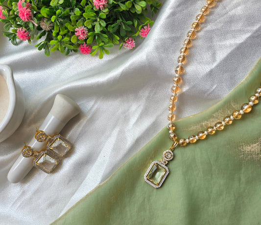 Cream And White Beads American Diamond Jewellery