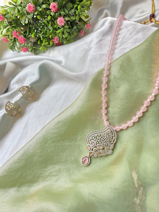 Light Pink And Golden Beads American Diamond Jewellery