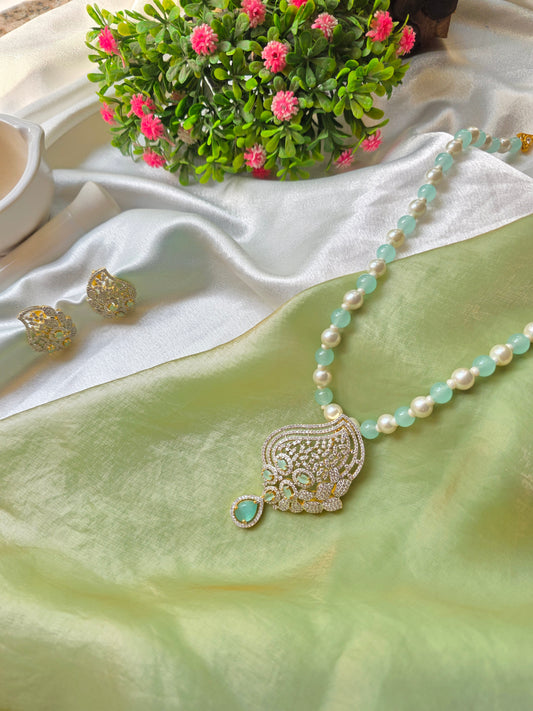 Turquoise Green And White Pearl AD Necklace