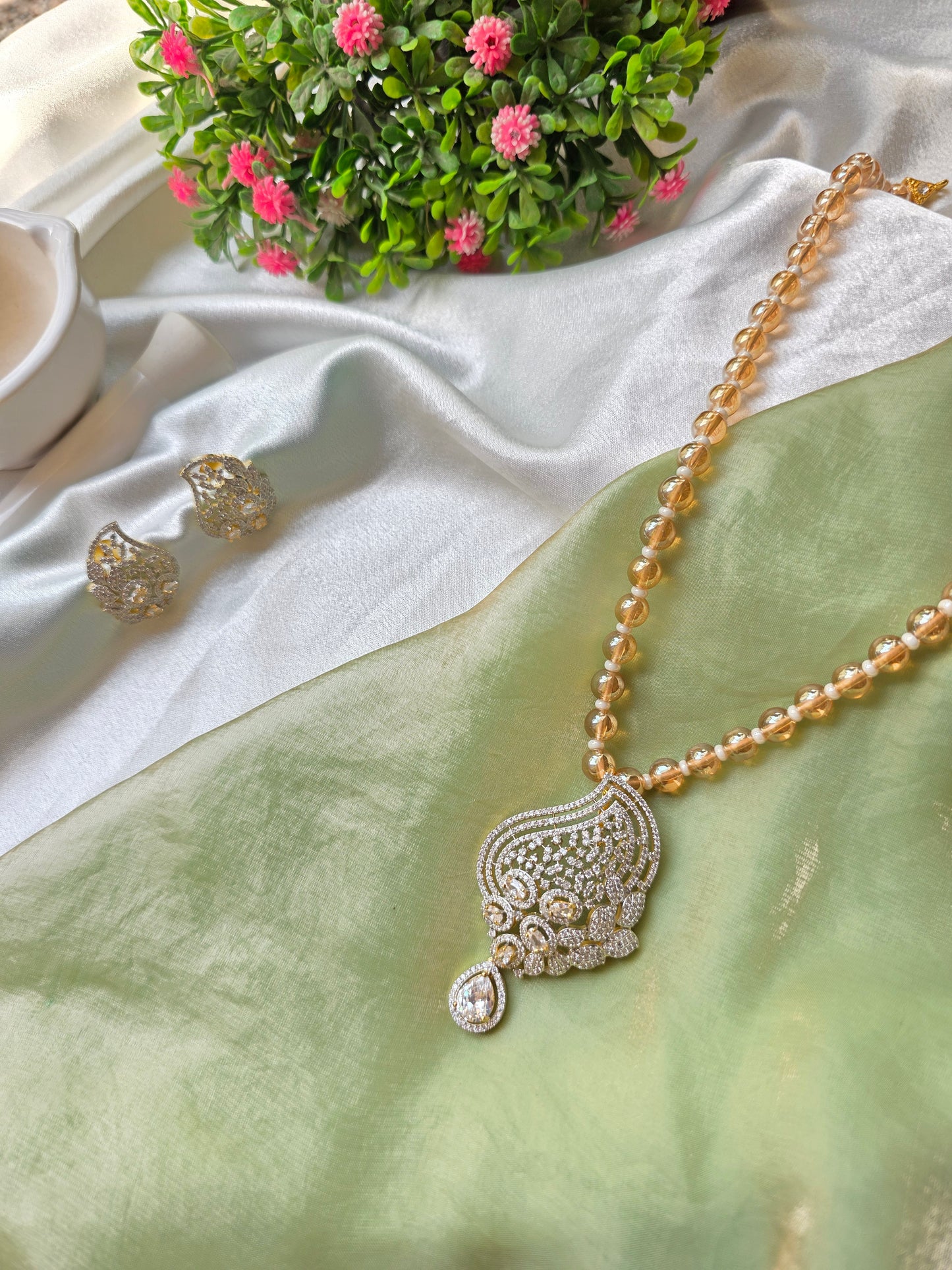 Cream With Small White Pearl AD Necklace