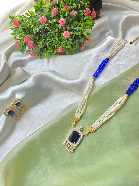 Royal Blue With White Small Beads AD Necklace