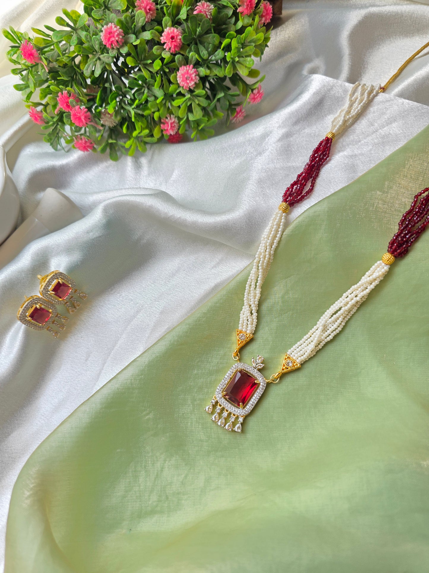 Maroon With White Small Beads AD Necklace