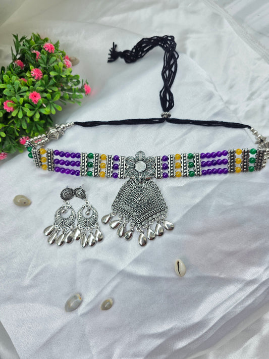 Purple, Green & Yellow Beads Oxidised Choker Set