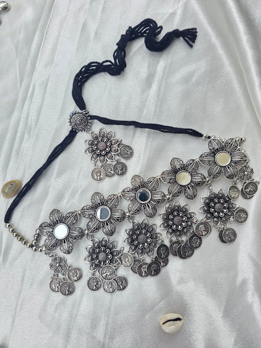 Flower Shape Oxidised Choker