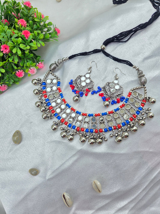 Red And Blue Pearl Oxidised Choker