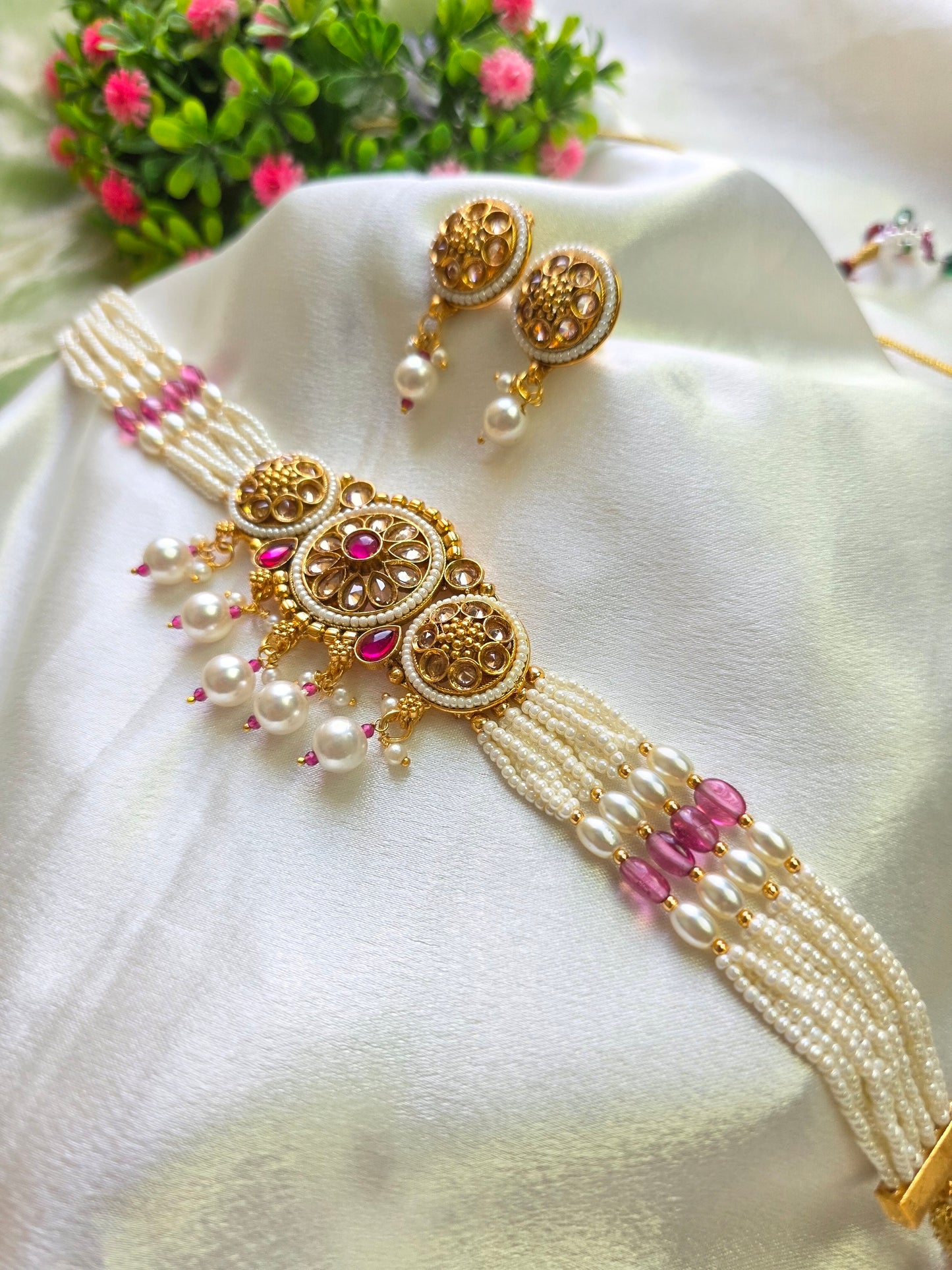 Covina Pink Pearl Choker Set