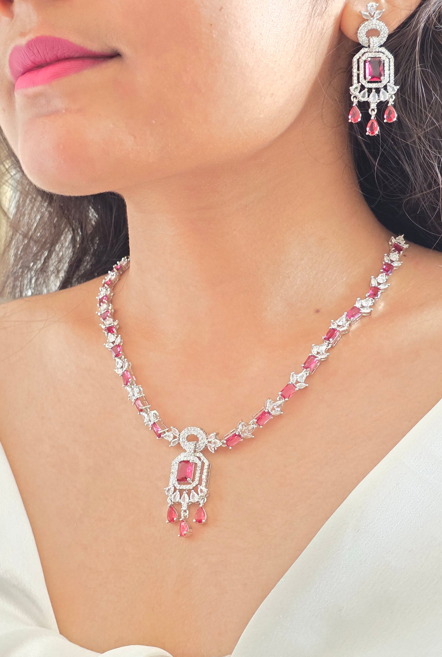 Dark Pink With White AD Necklace